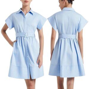 Women's NWT Light Blue Casual Button Down Shirt Dress V-Neck Belted Dress Size L